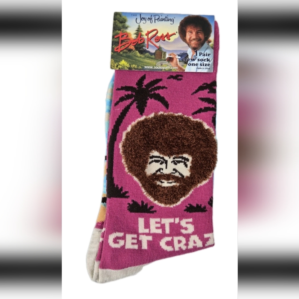 NEW Bob Ross Lets Get Crazy Pink Collectible One Size Unisex Crew Novelty Socks